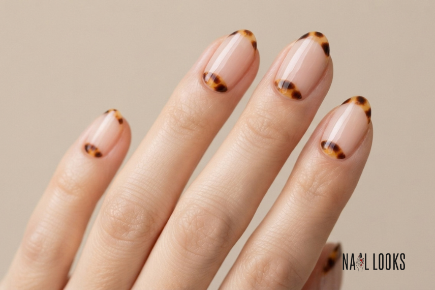 tortoiseshell half-moon nail design near the cuticle