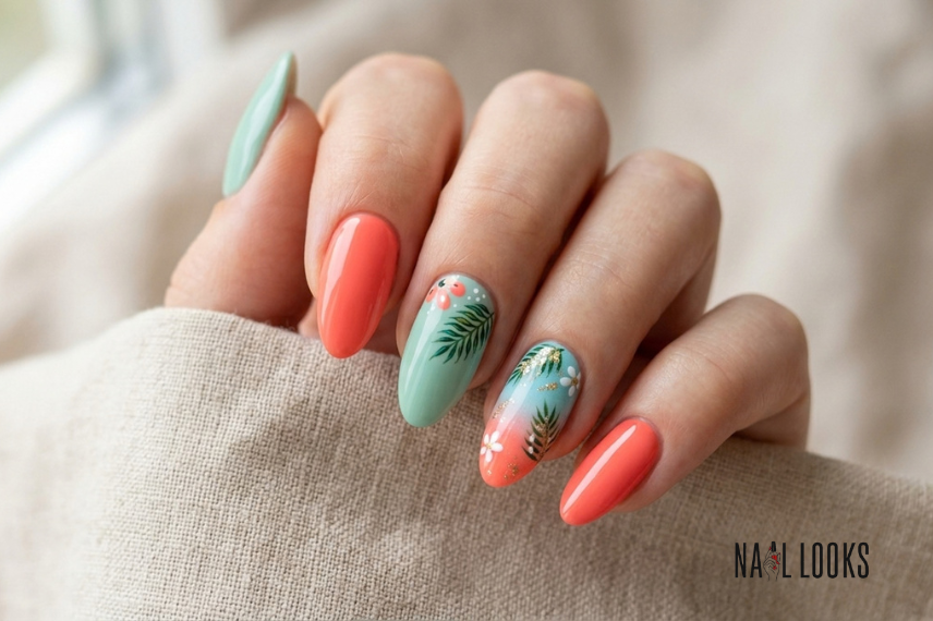 tropical coral and green palm nail design