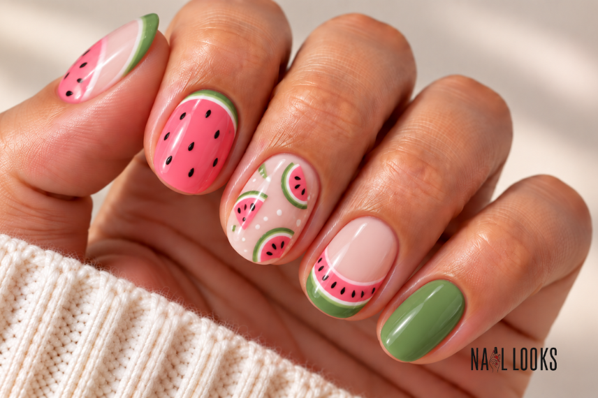 watermelon-inspired short nails