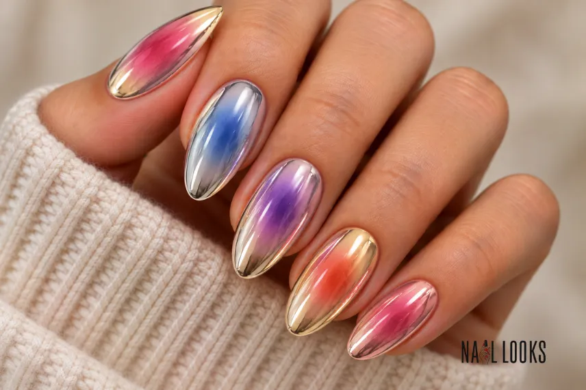 aura nails with chrome finish