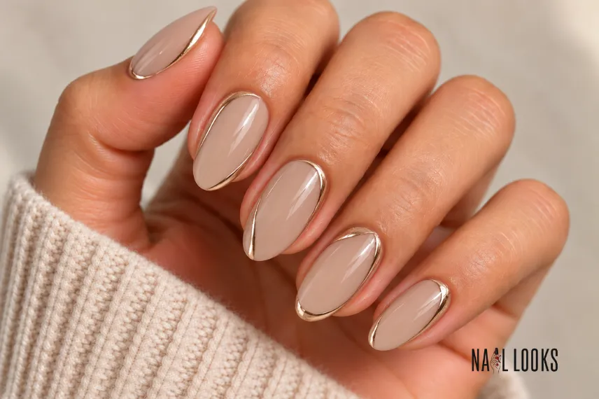 beige nails with asymmetric metallic frames