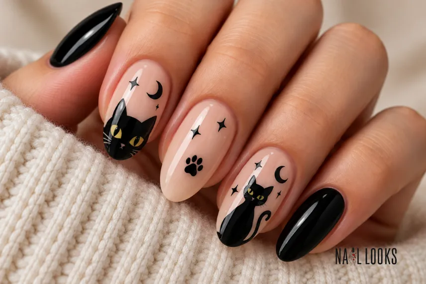 black cat silhouette nail design