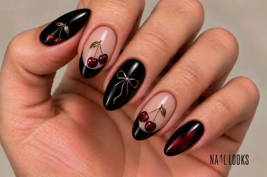black nails with cherry accent nails