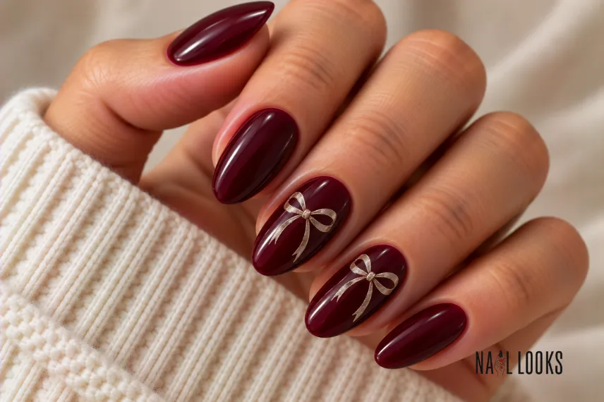black cherry bow nail design