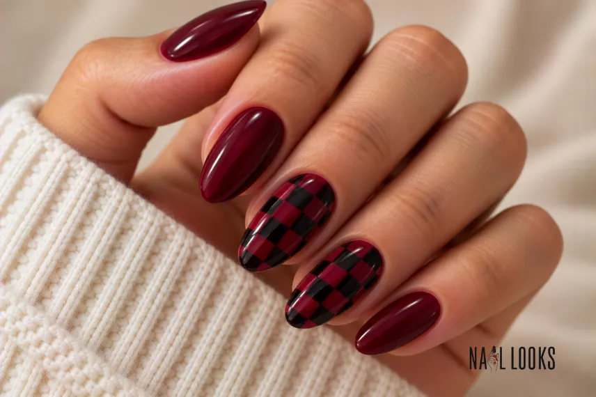 black cherry chequered nail design