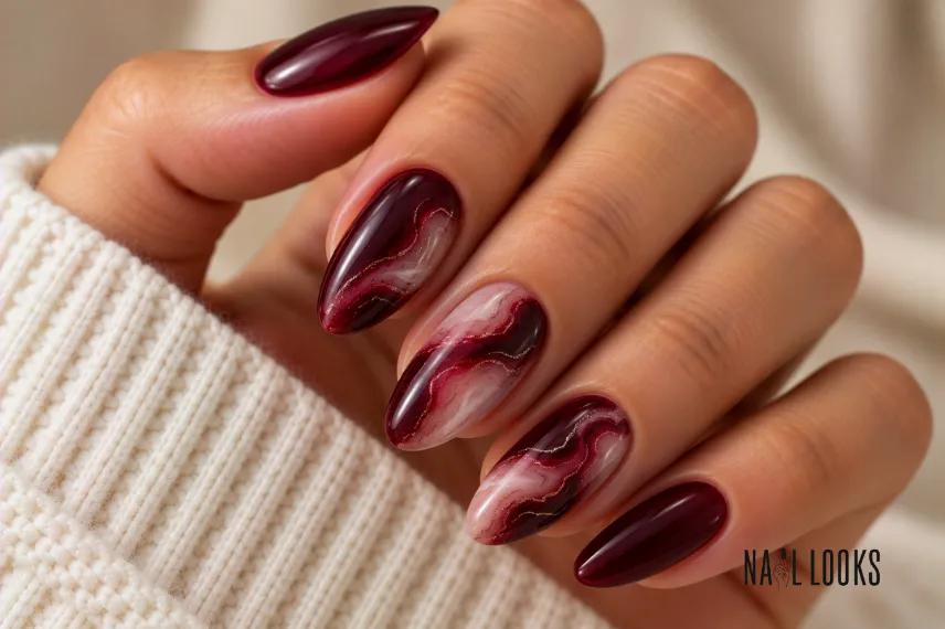 black cherry marble nail design