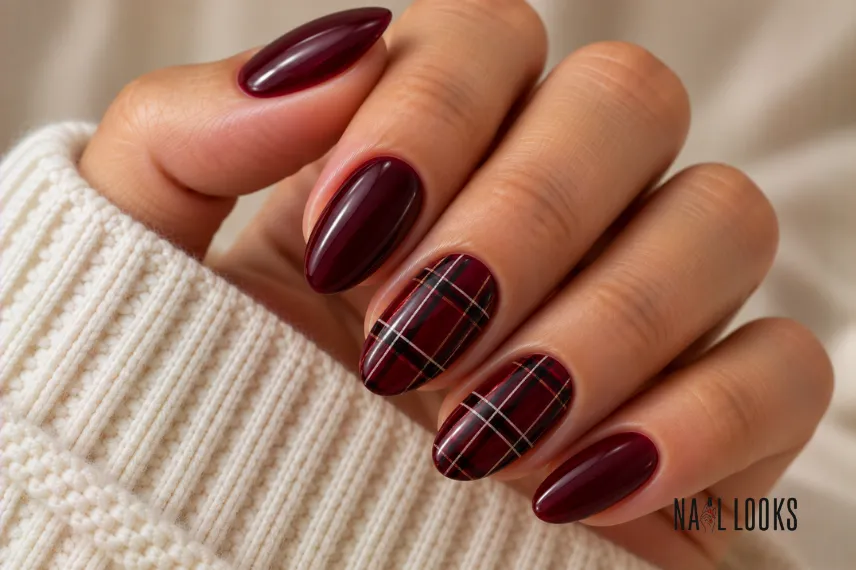 black cherry plaid nails