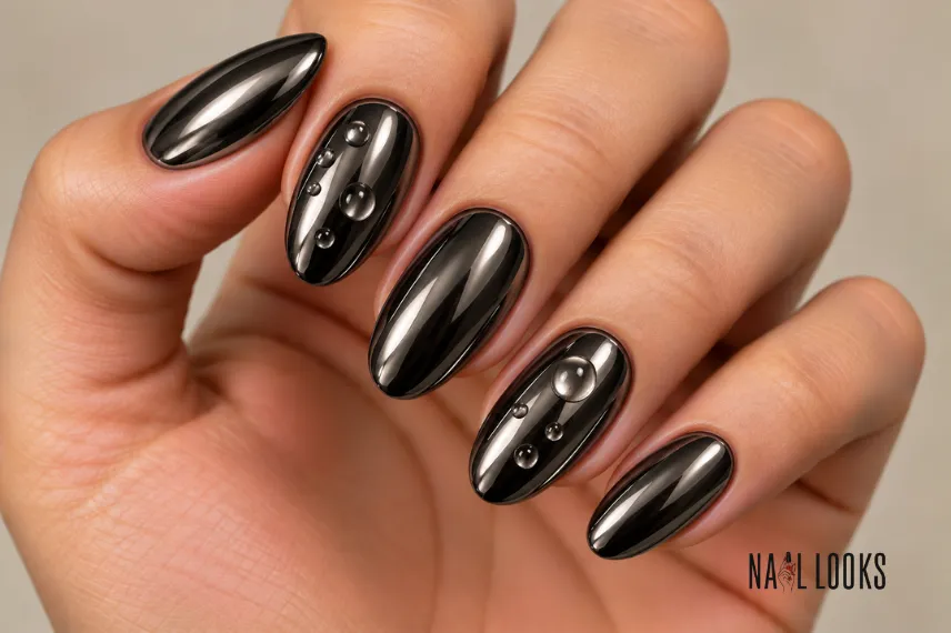 black chrome nails with water drops