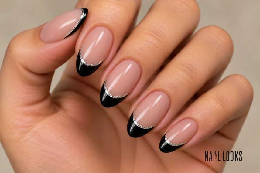 Black French tips with silver outline