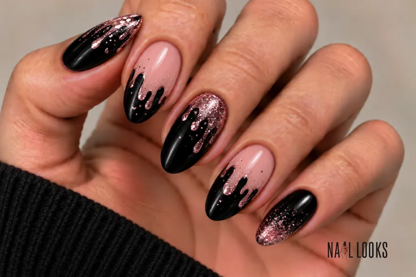 black glitter drip nails