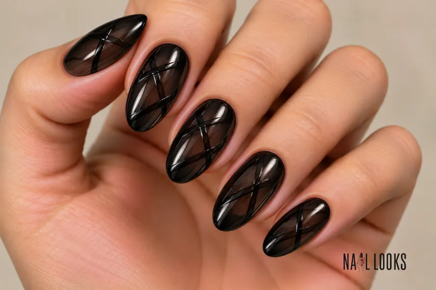 black jelly nails with crisscross lines