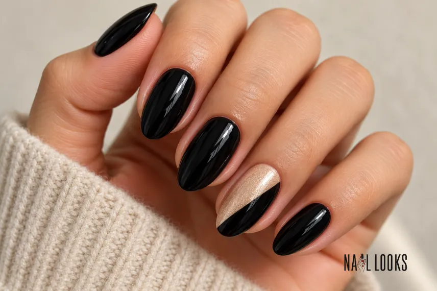 black and champagne colour block nails