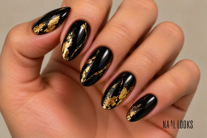 black and gold foil nails
