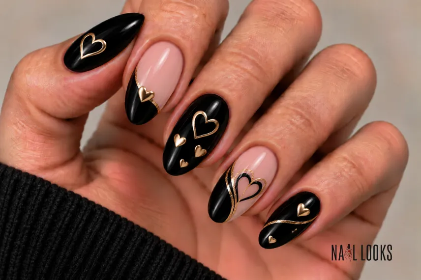 black and gold heart nails