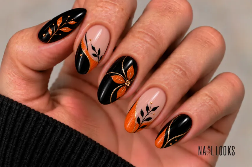 black and orange accent nails