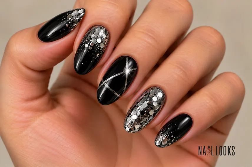black and silver disco nails