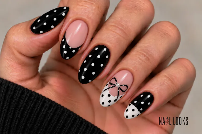 black and white polka dot nails