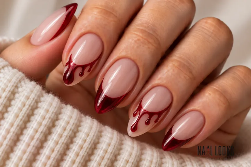 blood red French tip nails