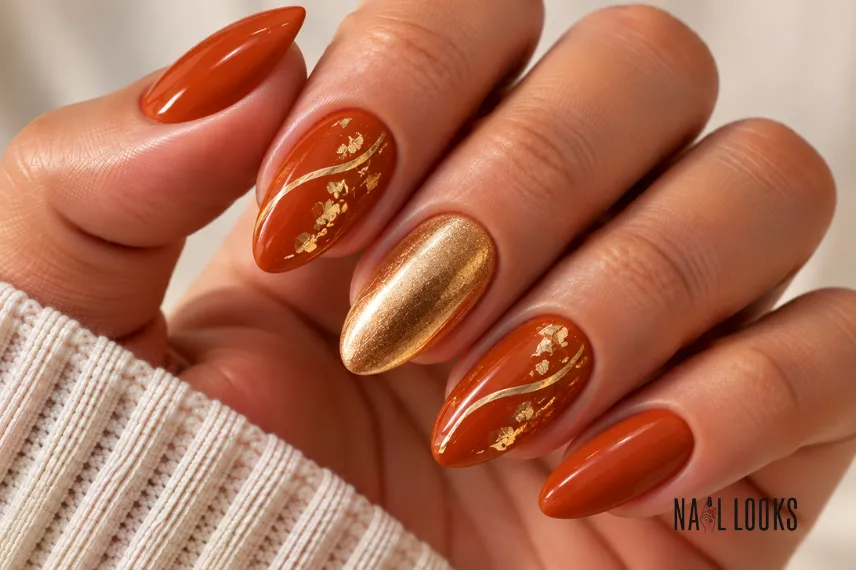 burnt orange and gold nail design