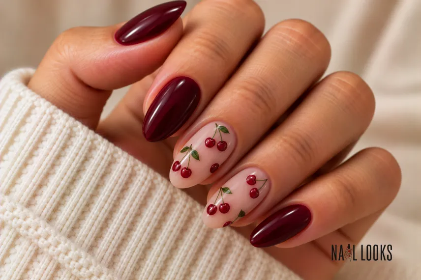 cherry nail art on nude nails