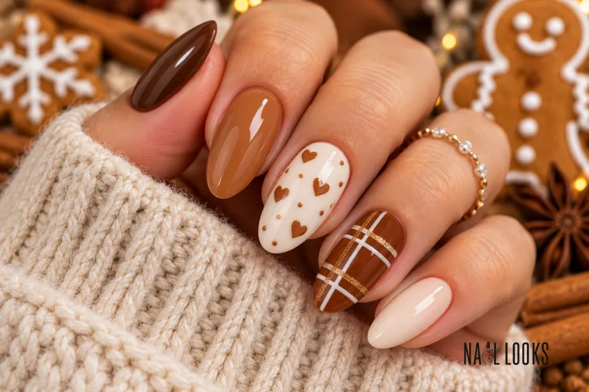 cream and brown skittle nails