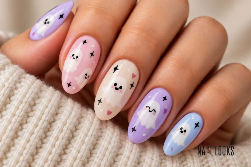 cute ghost nail art on a pastel base