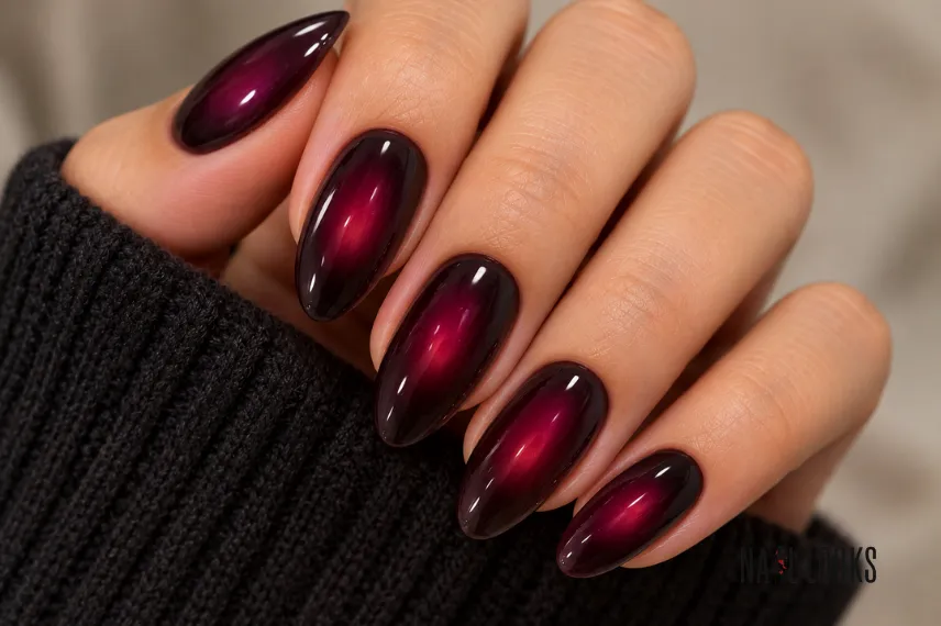 dark burgundy and black aura nails