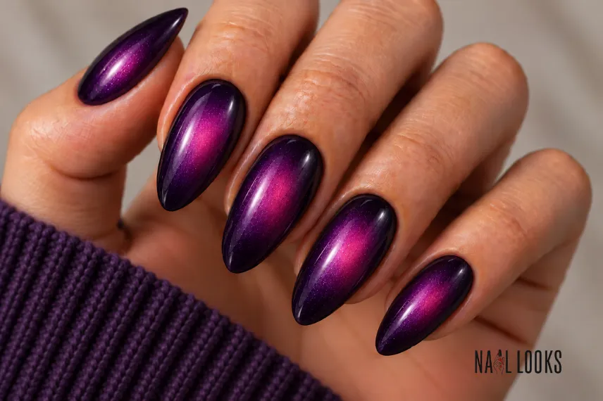 dark purple aura nails with a magenta glow