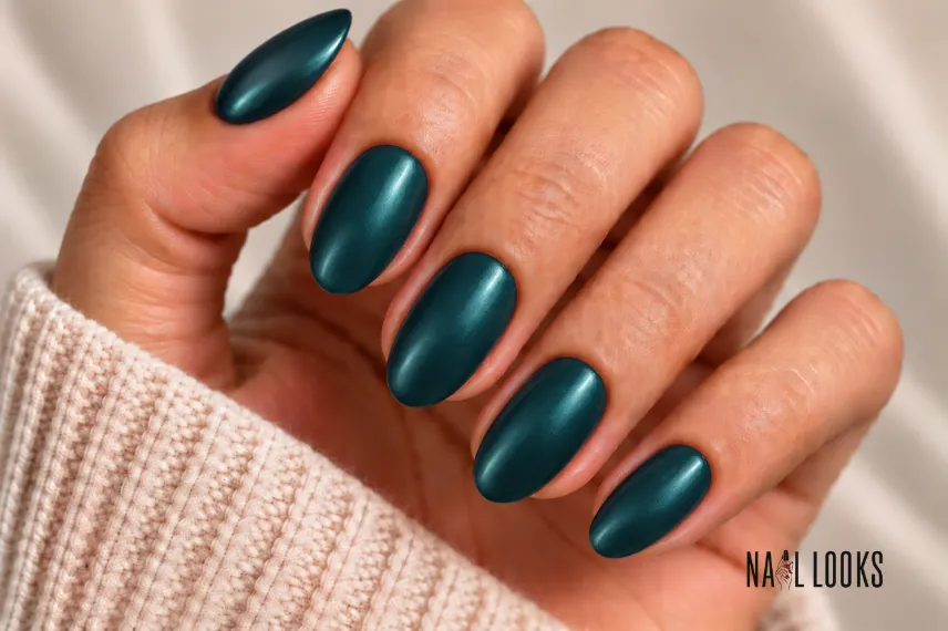 deep teal nails with satin shine