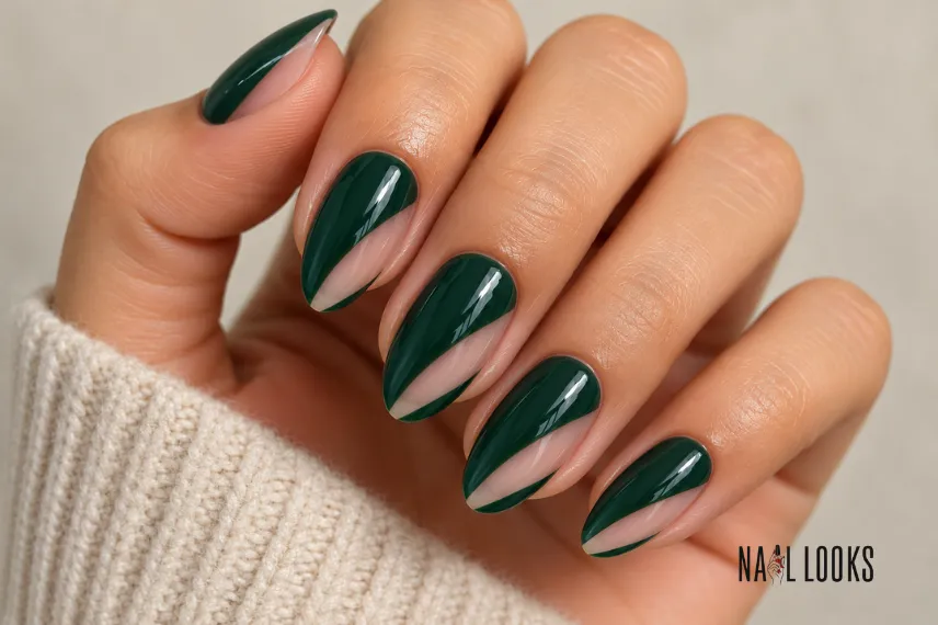 emerald green nails with a nude side sweep