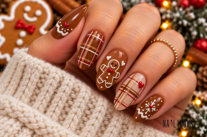 gingerbread plaid nails