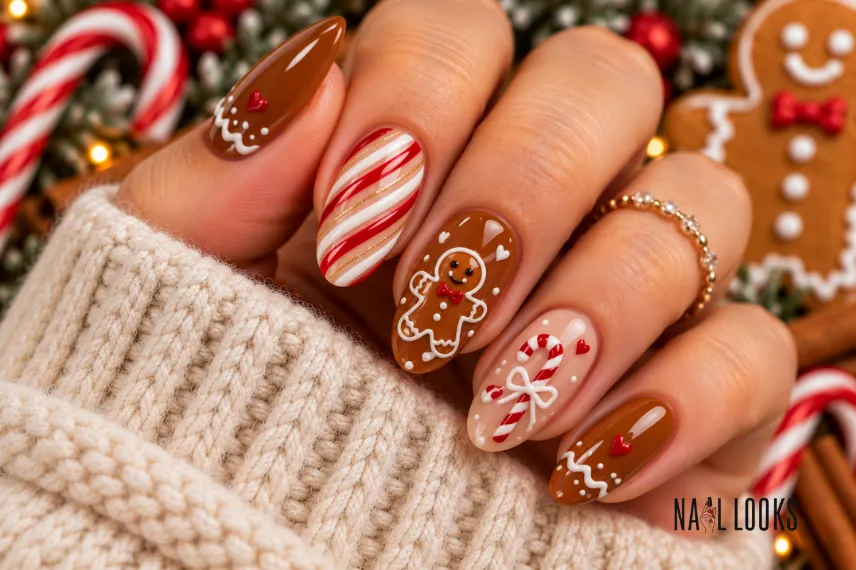 gingerbread and candy cane nails