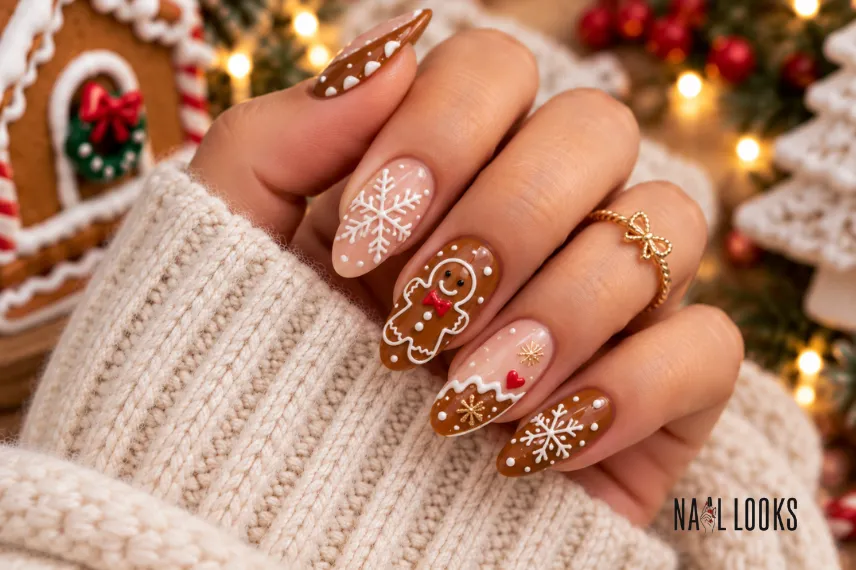 gingerbread and snowflake nails