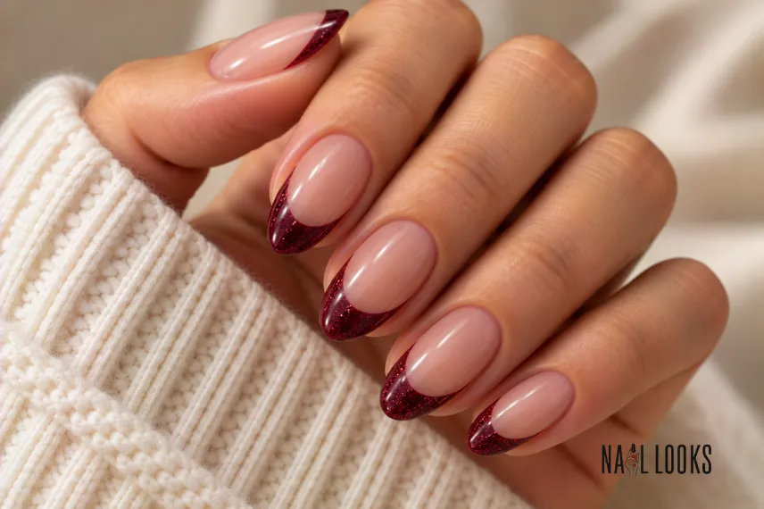 glitter cherry French tip nails