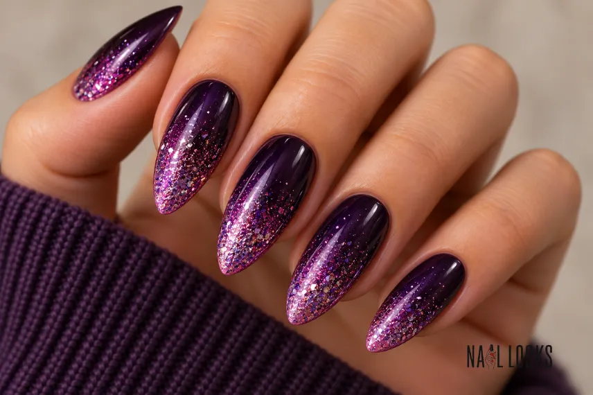 Glitter-fade nails on a dark purple base