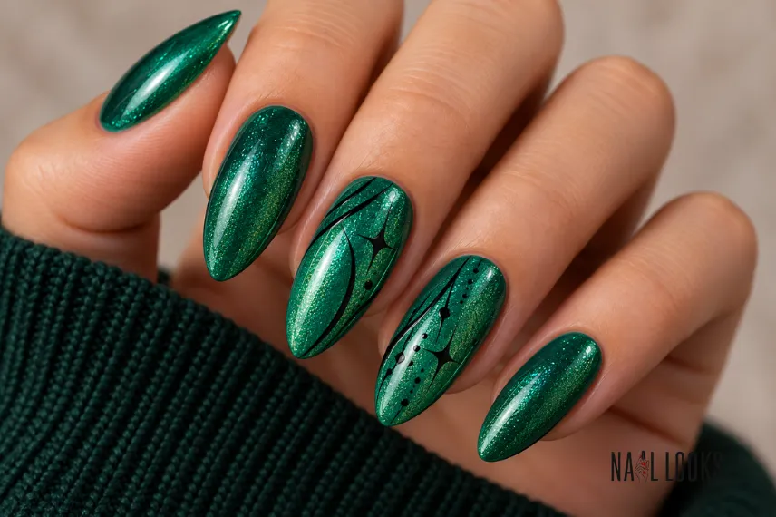 green shimmer nails with black dot accents