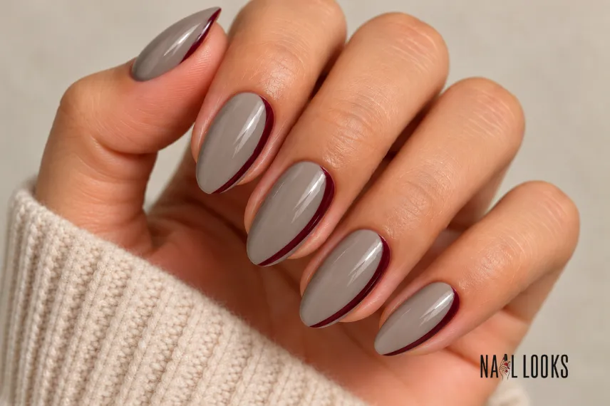 greige nails with burgundy edge lines