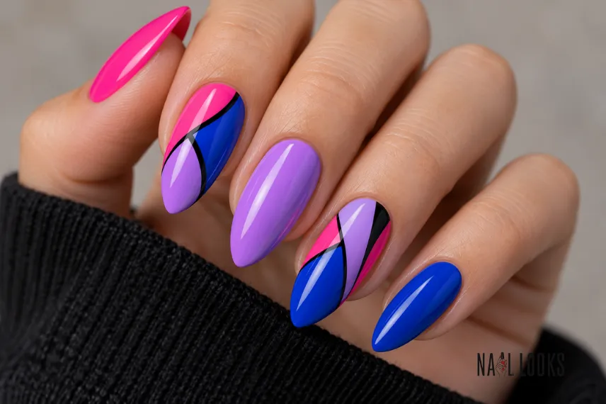 HUNTR/X colour-block nails in pink, purple, and blue