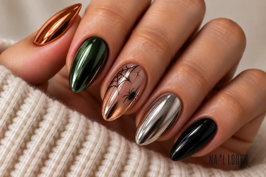 Halloween chrome nail design