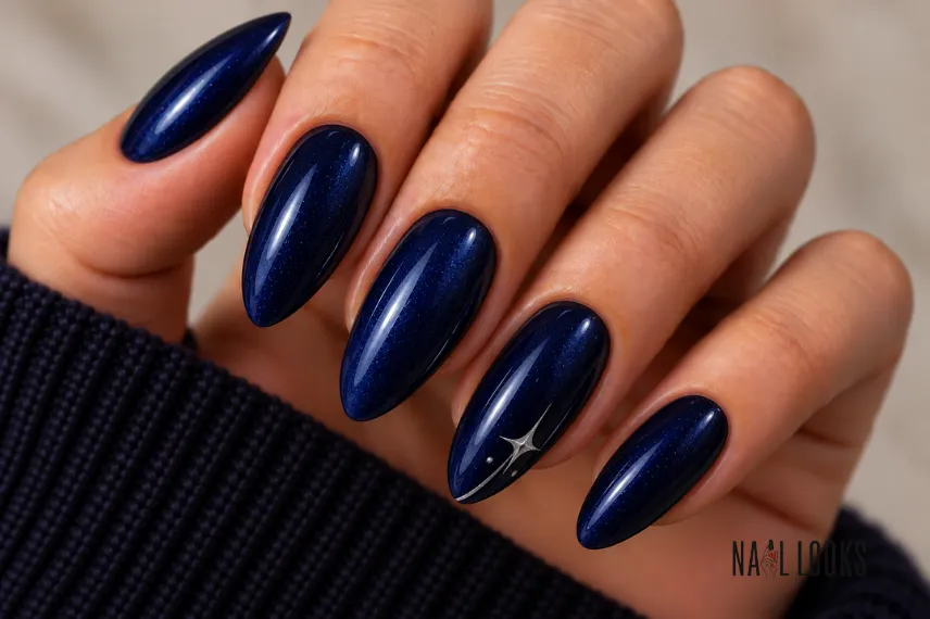 dark blue nails with a silver detail