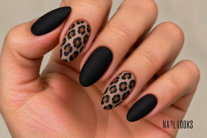 matte black leopard print nails