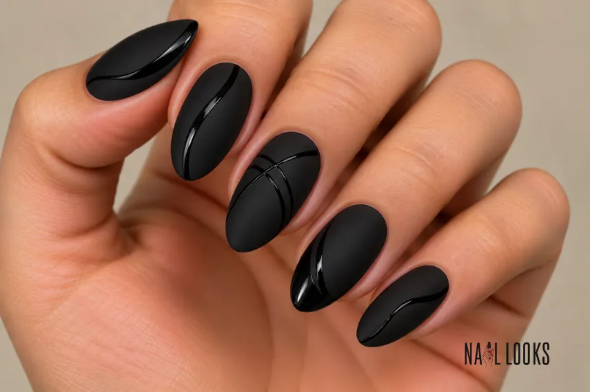 matte black nails with glossy details