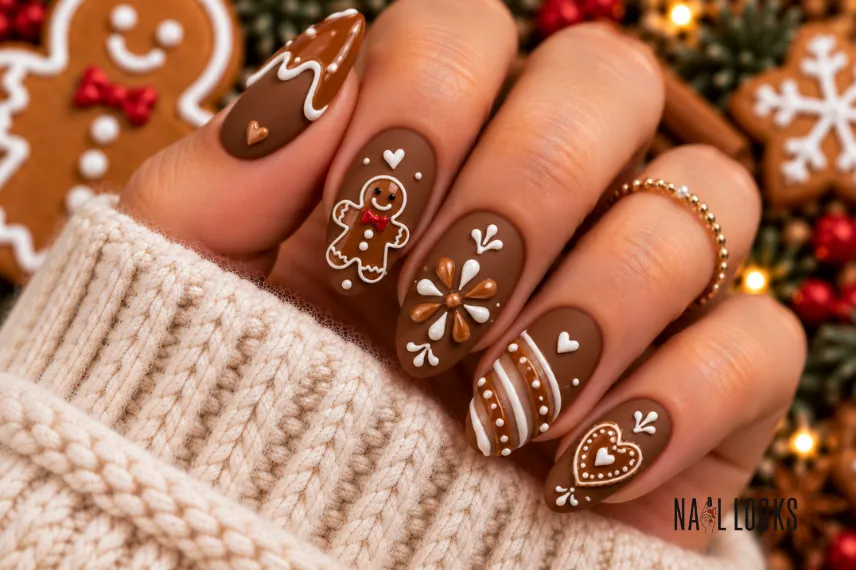 matte brown nails with glossy icing
