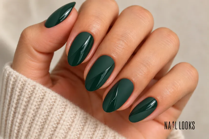 matte green nails with glossy panels