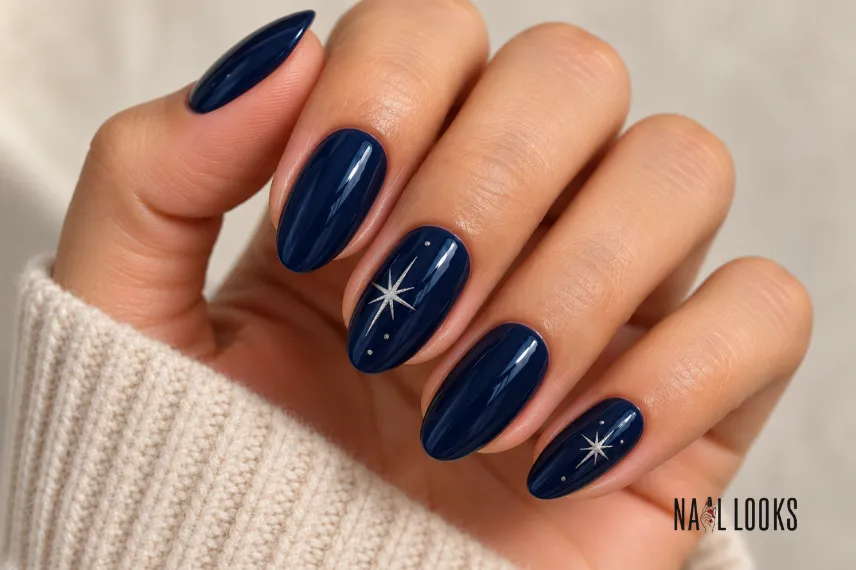 midnight navy nails with a silver starburst