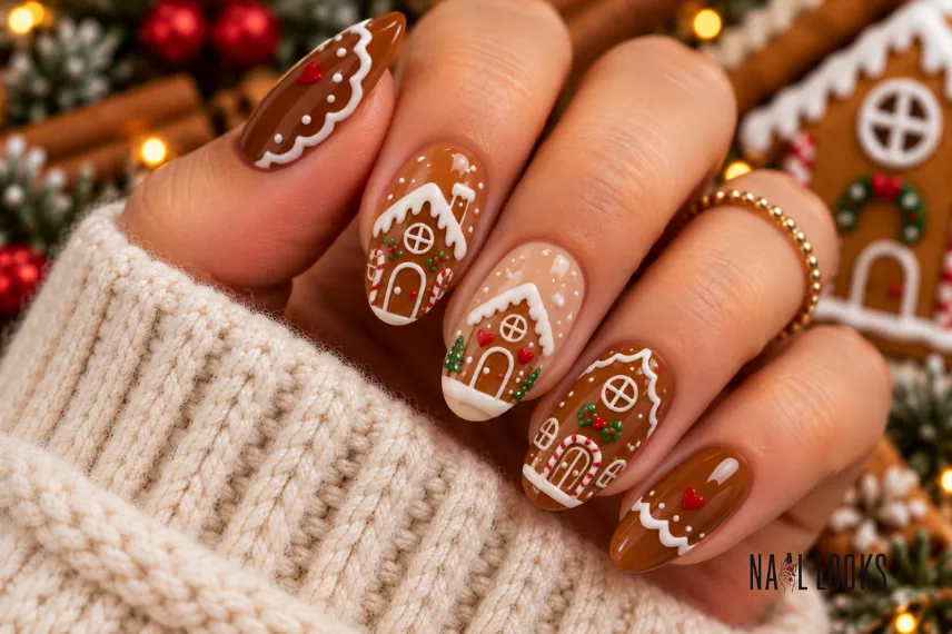 mini gingerbread house nail art