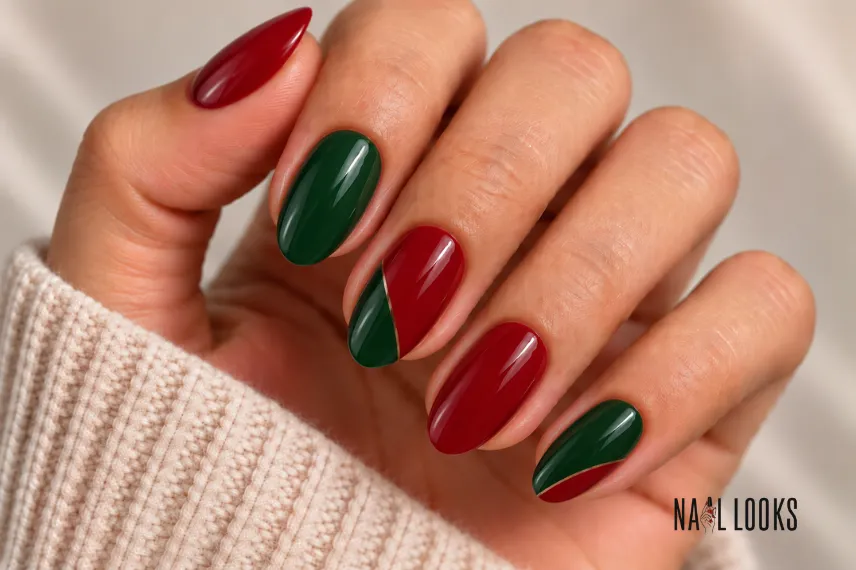 minimal red and green colour block nails