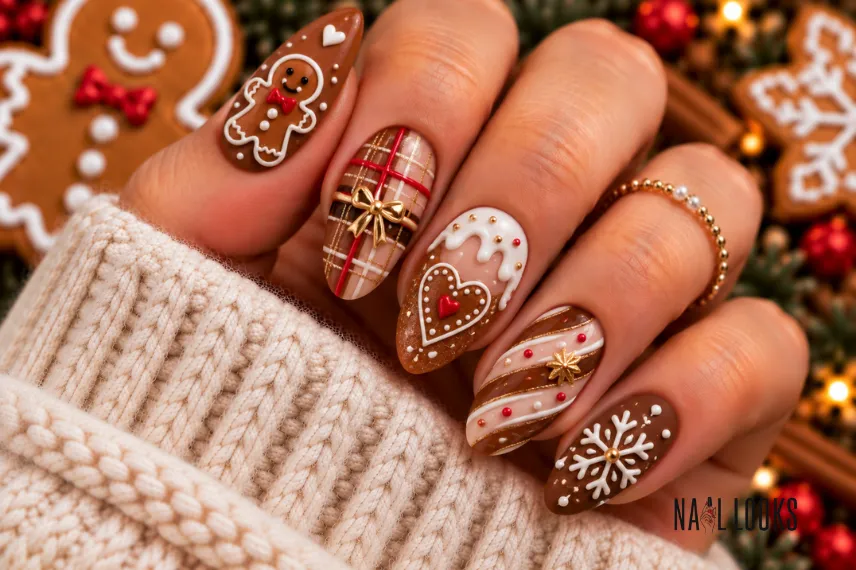 mixed gingerbread holiday nails