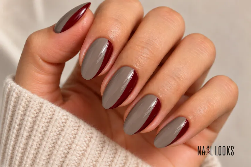 mushroom taupe nails with dark red panels