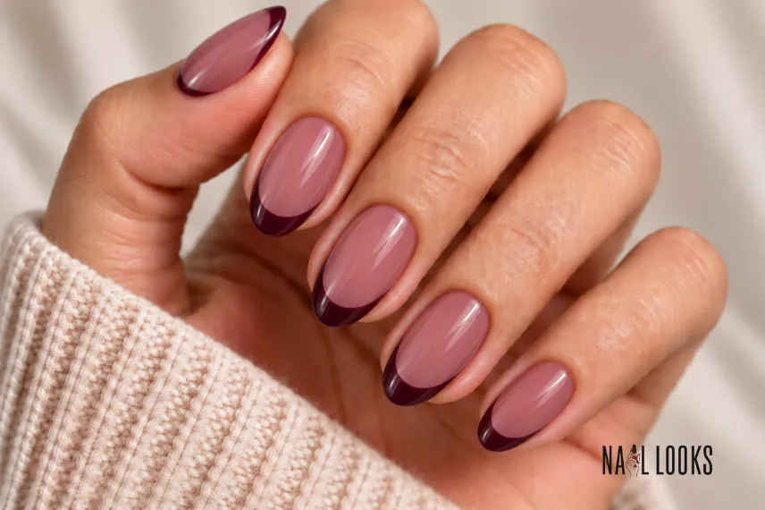 muted rose nails with plum tips